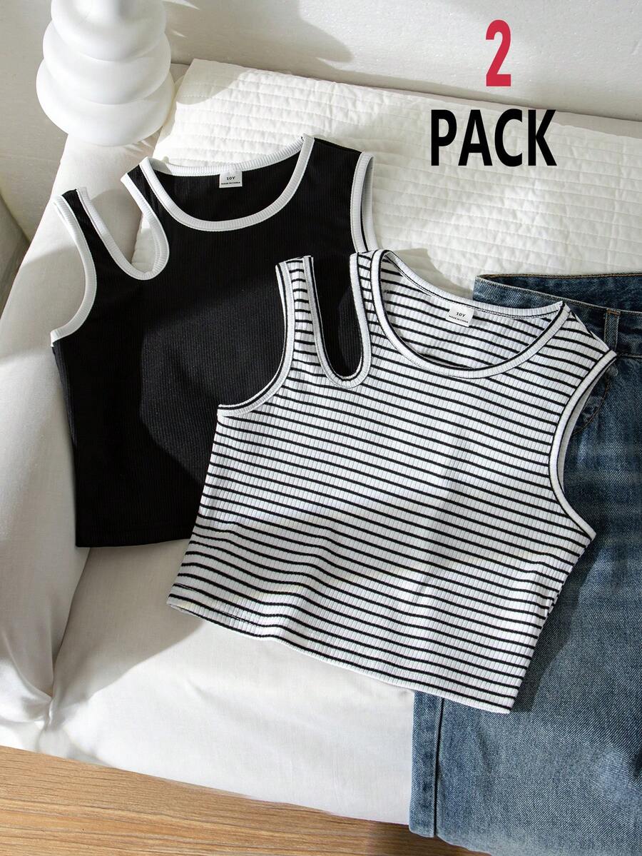 Bộ 2 áo tank top crop ôm dáng khoét lỗ cho bé gái, phối màu trắng và đen kẻ sọc. - Nhiều màu - Xem 1