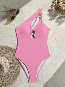 Swim SXY 女款純色單肩鏤空連身泳衣，度假適用 - 粉色 - 查看 5