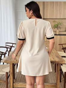 Weeklong Plus Size Women's Casual Vacation Round Neck Puff Sleeve A-Line Short Dress, Spring/Summer - Apricot - View 2