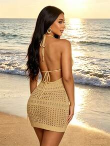 SOLERSUN Este nuevo vestido de punto ajustado con cuello de halter y espalda abierta presenta un diseño con flecos y lentejuelas, perfecto para ocasiones de verano como fiestas, citas, discotecas, playas y té de la tarde. También es un excelente vestido de playa para primavera y verano. - Café integral - Ver 2