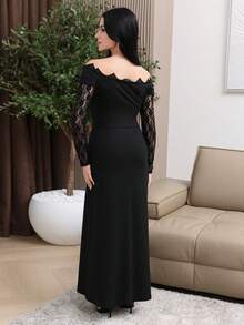 Modelyn Women's Off-Shoulder Lace Patchwork Elegant Waist Cinched Long Dress, Suitable For Party And Outings - Black - View 2