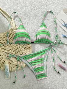 SHEIN Swim Mod Bộ bikini hai mảnh kiểu dáng thường ngày, kẻ sọc, đính hạt, buộc cổ, dành cho nữ, màu nâu. - màu xanh lá - Xem 1