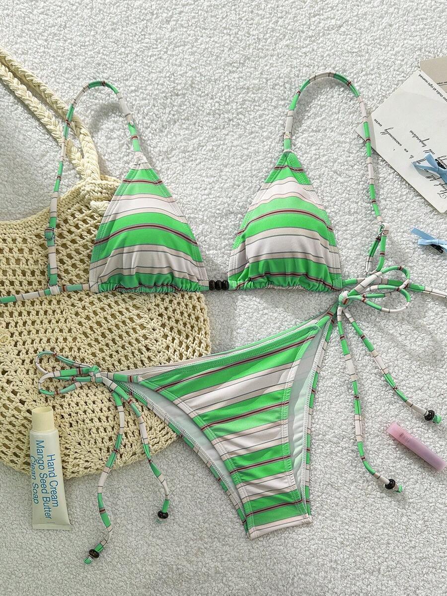 SHEIN Swim Mod Bộ bikini hai mảnh kiểu dáng thường ngày, kẻ sọc, đính hạt, buộc cổ, dành cho nữ, màu nâu. - màu xanh lá - Xem 1