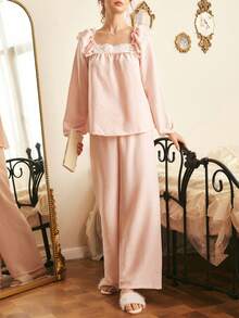 Côtesoire Romantic Fresh Elegant Contrast Color Lace Patchwork Ruffle Hem Palace Style Simple Women Pajama Set - Baby Pink - View 5