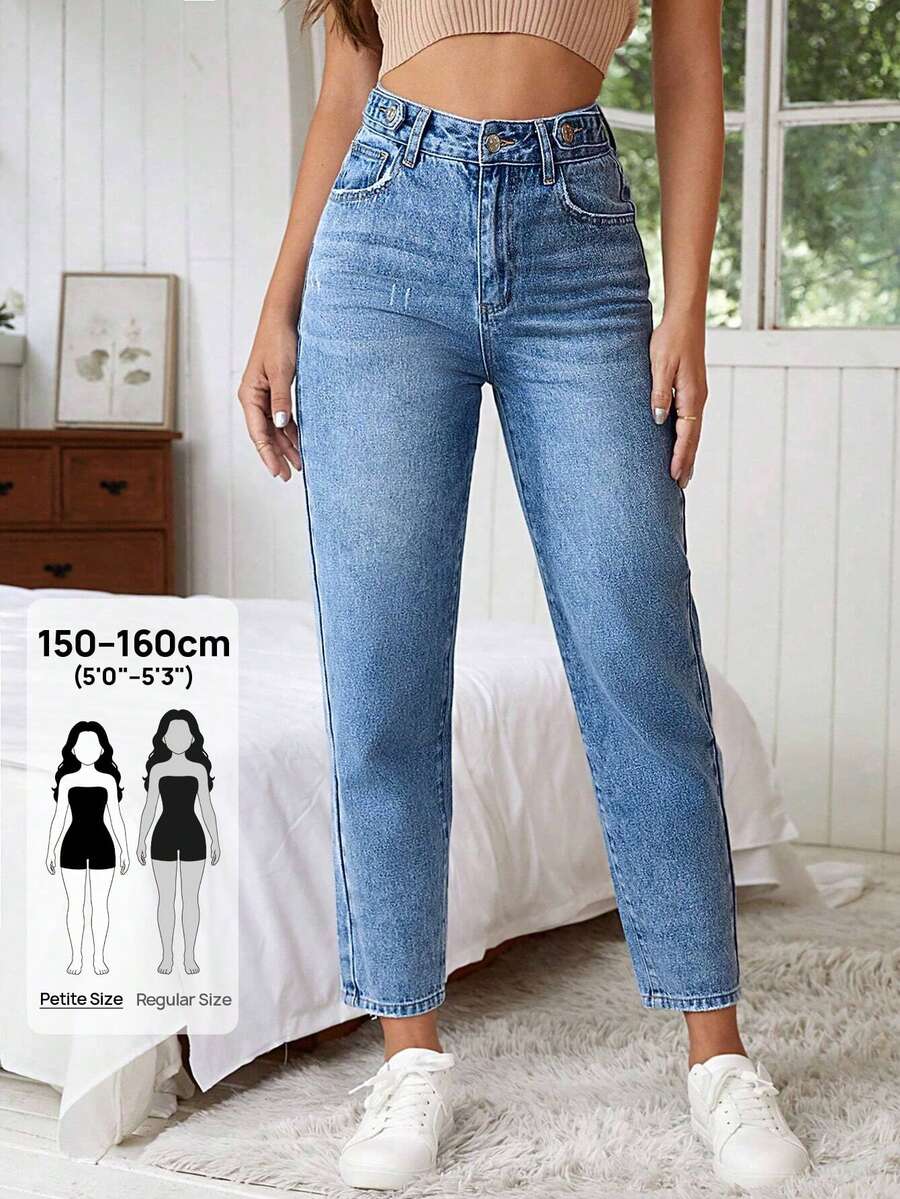 SHEIN PETITE Women's Solid Color Slant Pocket Casual Daily Jeans - Blue - View 1