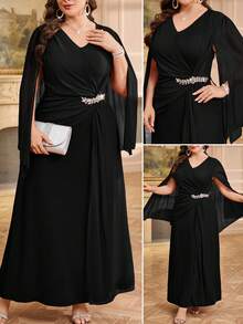 Reflora Plus Size Elegant Rhinestone Decor Split Sleeve Cinched Waist Dress, Autumn Wedding Formal Guest Black Fall - Black - View 2