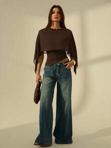SHEIN Tall 女士棕色披肩领休闲上衣，优雅女式衬衫，休闲女装，新年女装，适合日常穿着、外出、通勤，秋冬季款，蝙蝠袖上衣，咖啡棕色上衣，深棕色上衣 - 棕色 - 查看 9