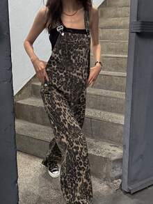 Bộ jumpsuit denim ống rộng có túi in họa tiết da báo dành cho nữ - Cà phê nâu - Xem 7