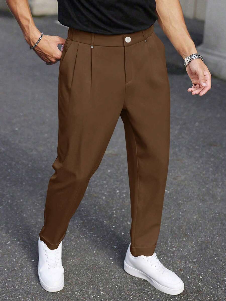 Manfinity Bizformal Manfinity Formal Men's Straight Leg Casual Trousers, Coffee Brown, Autumn, Business Casual, Office Retro British Style Pleated High Waisted Suit Pants, Ceremony - Brown - View 1