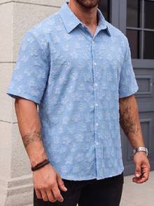 Manfinity Homme Plus Size Men's Cutout Short Sleeve Single-Breasted Casual Shirt - Blue - View 6