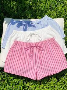 SHEIN Comfortcana Bộ 3 quần short mặc nhà thoải mái, kiểu dáng tối giản, màu xanh dương ngọt ngào, sọc hồng và trắng trơn, thích hợp cho mùa hè. - Nhiều màu - Xem 4