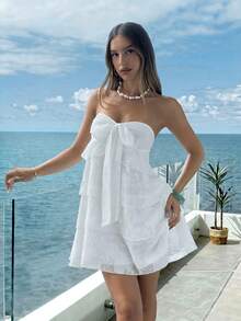 Aloruh Women's Summer New White Elegant Sexy Romantic Fashionable Daily Date Beach Golf Vacation High-End Jacquard Texture Tie-Up Bandeau Mini Dress - White - View 4