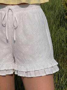 MainGRL Women's Cute White Summer Beach Picnic Holiday Woven Embroidered Frill Trim Shorts, 2026 SS New Elegant Vacation Casual Low Waist Travel Daily Wear - White - View 5