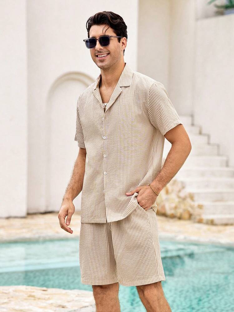 Mercer Haus 2pcs Men's Casual Bubble Striped Breathable Shirt & Slant Pocket Drawstring Waist Shorts Set, Versatile For Daily Wear & Business, Non-Sweating, Summer Best Seller, Cozy Outfits - Khaki - View 4