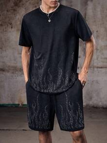 Skyrend 2pcs/Set Men's Comfortable Washed Fabric Flame Rhinestone Decor Round Neck Short Sleeve T-Shirt And Drawstring Elastic Waist Shorts, Suitable For Casual, Party, Gathering, Sports, Office, Spring/Summer, Classic Bestselling Set, Great For Self-Wear Or Giftemo - Black - View 6