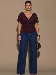 SHEIN BAE Große Größen V-Ausschnitt Kreuz-Design elegantes Sommer Mesh Top für Frauen, geraffte Taille Kurven Lässig für Date Night, Party, Urlaub, Y2k - Rot-violett - Übersicht 2