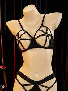 Patchwork Sequin Hollow Out Sexy Lingerie Set, Going Out - Black - View 3