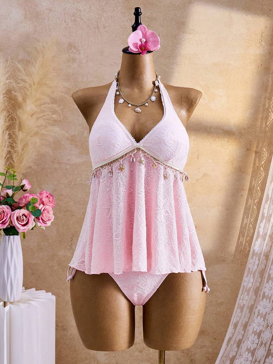 Bellisia 2026SS Retro Y2K Boho Vải dệt họa tiết Dễ thương Ngọt ngào Cô gái Kỳ nghỉ Đi biển Áo hai dây Bikini nữ Dây đeo - Nhiều màu - Xem 1