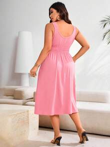 SHEIN Clasi Đầm maxi xếp ly màu trơn cỡ lớn dành cho nữ, kiểu dáng thường ngày, thích hợp mặc mùa hè. - Màu Hồng  Dưa hấu - Xem 2