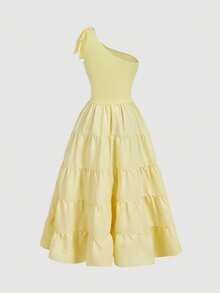 SHEIN MOD Plus Size Women's Elegant Maxi One-Shoulder Butter Yellow Summer Dress, Wedding Guest Vacation Dress, Cottagecore Pale Spring/Summer Tea Party Outfits - Yellow - View 3