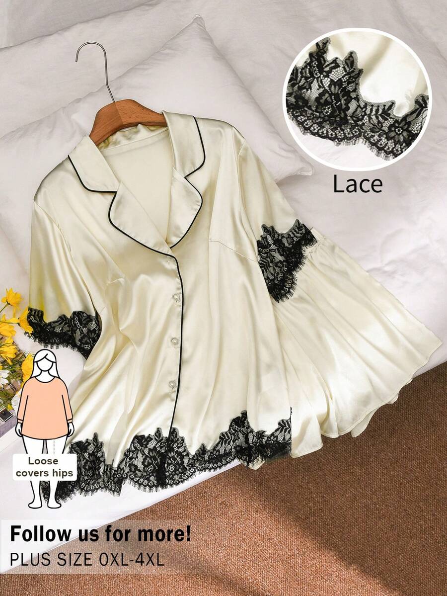 CosyJoli Plus Size Women's White Elegant Sommar Holiday Bachelorette Party Lace Patchwork Satin Suit,Cute Casual 2-Piece Set,Summer Shorts Set Daily Home Wear
