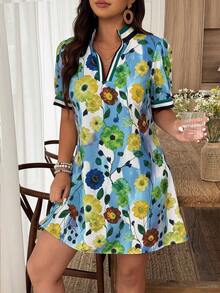 Weeklong Vestido casual feminino plus size com mangas pétala, corte evasê e estampa floral para primavera/verão. - Multicolorido - Ver 4