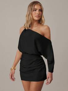 Hauture Women's Asymetric Knotted Strap One Shoulder Satin Mini Dress Casual Office Wear - Black - View 4
