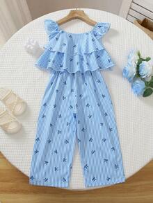 Genkimix Kids Girls (Small) Ruffle Layered Casual Long Pants, Suitable For Vacation, Summer - Blue - View 2