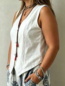 EMERY ROSE Plus Size Women Solid Color Single-Breasted Casual Vest Shirt - White - View 4