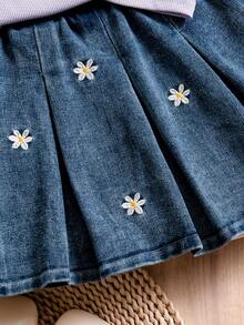 SHEIN 2 Stück/Set Kleinkind Mädchen Süßer Rundhals 3D Blumen Dekor Gerippter Ärmellos Top und Denim Rock mit Stickerei Plissee, Süß & Lieblich Sommer Outfit - Violett - Übersicht 7