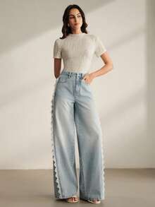 Quần jeans thời trang màu xanh nhạt viền ren - Màu xanh lam - Xem 4