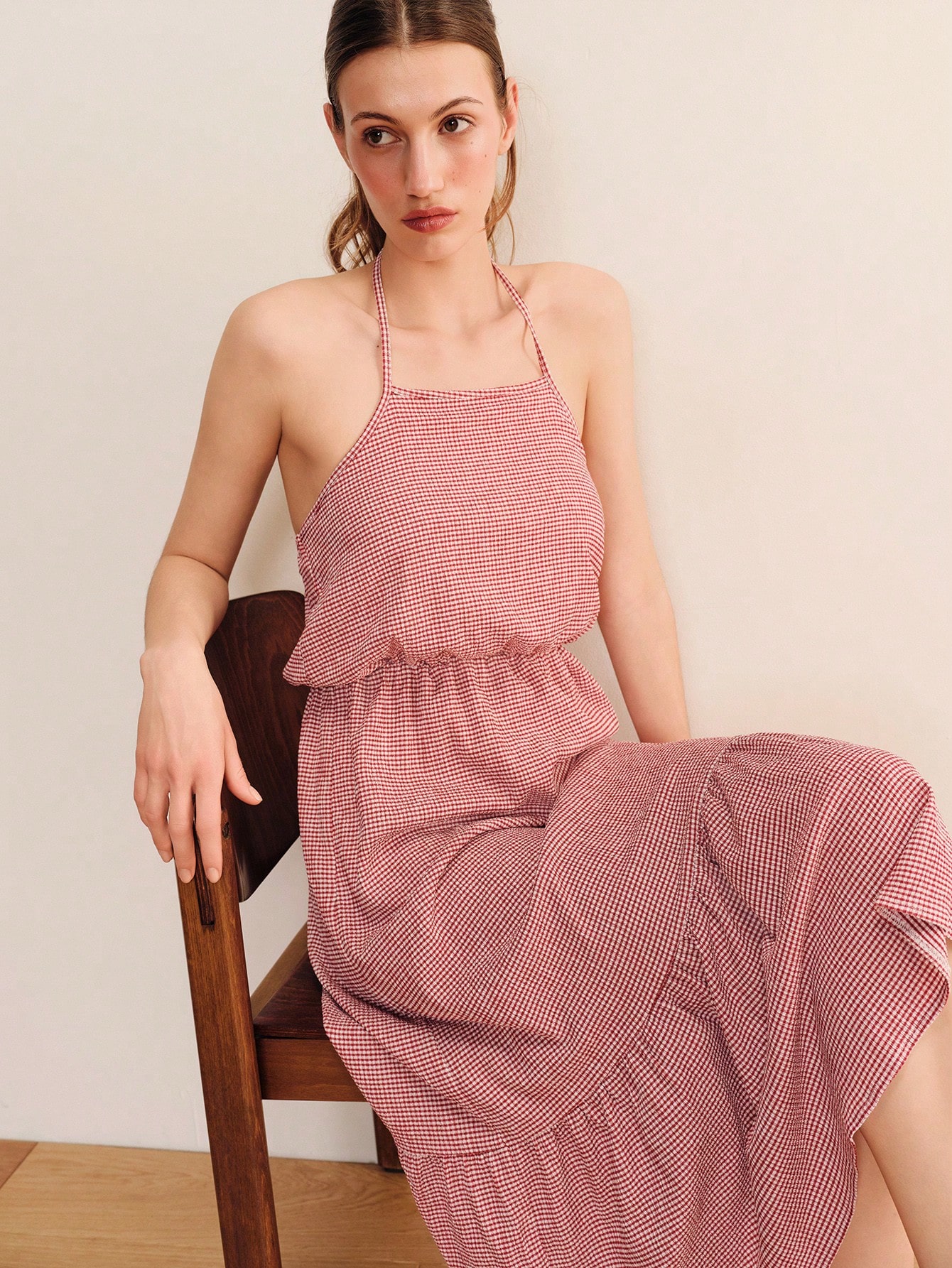 Relaxed Red Gingham Midi Dress With Thin Straps And An Open Back Cute Spring Summer Style Ruffle Dress Holiday Dress Frrench Style Dress Casual Dress