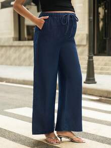 SHEIN Celana Jeans Hamil Kasual Longgar Model Lurus, Biru Tua, Musim Semi/Panas - Navy Blue - View 4