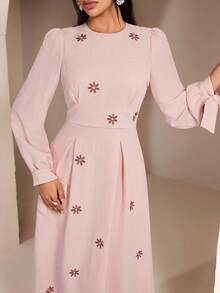 Solavon Women's Round Neck Raglan Sleeve Pleated Elegant Arabic Style Dress - Pink - View 9