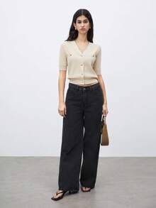 BizChic 女款針織短袖上衣，單排扣優雅休閒通勤約會日常度假日畢業季音樂節顯瘦優雅百搭高級夏季社交節日派對出遊海灘辦公室法式復古極簡清新 - 杏色 - 查看 6