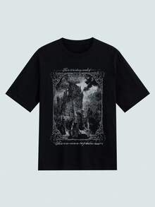 Modcrash Men's Casual Round Neck Black Horror Castle Graphic T-Shirt - Grey - View 1