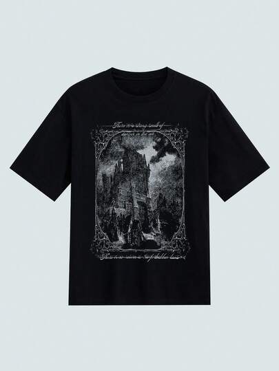 Modcrash Men's Casual Round Neck Black Horror Castle Graphic T-Shirt