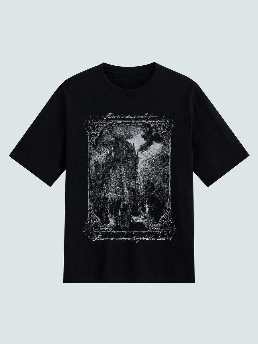 Modcrash Men's Casual Round Neck Black Horror Castle Graphic T-Shirt - Grey - View 1