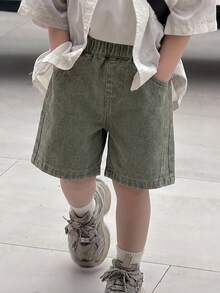 DAZY Quần short denim cho bé trai, cạp chun, có túi, kiểu dáng thường ngày, đa năng. - xanh quân đội - Xem 2