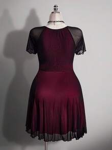 SHEIN ICON Plus Size Women's Retro Dark Gothic Sweetheart Neckline Mesh Slim Fit Dress,Black,Summer,Goth,Night Out Club Red And Black Color Block Y2K Elegant - Multicolor - View 2