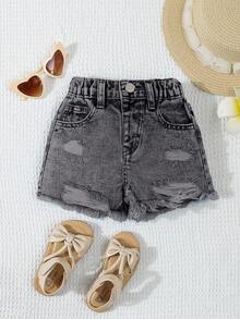 SHEIN Quần short denim rách thời trang, đa năng dành cho bé gái. - Xám - Xem 1