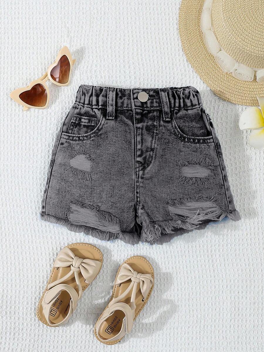 SHEIN Quần short denim rách thời trang, đa năng dành cho bé gái. - Xám - Xem 1
