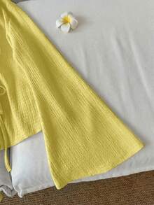 SHEIN CURVE+ 大码女式休闲系带喇叭袖上衣 - 鵝黃色 - 查看 7