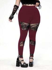 Whyspr Plus Size Contrast Color Punk Goth Style Versatile Hollow Lace Patchwork Elastic Leggings - Burgundy - View 3