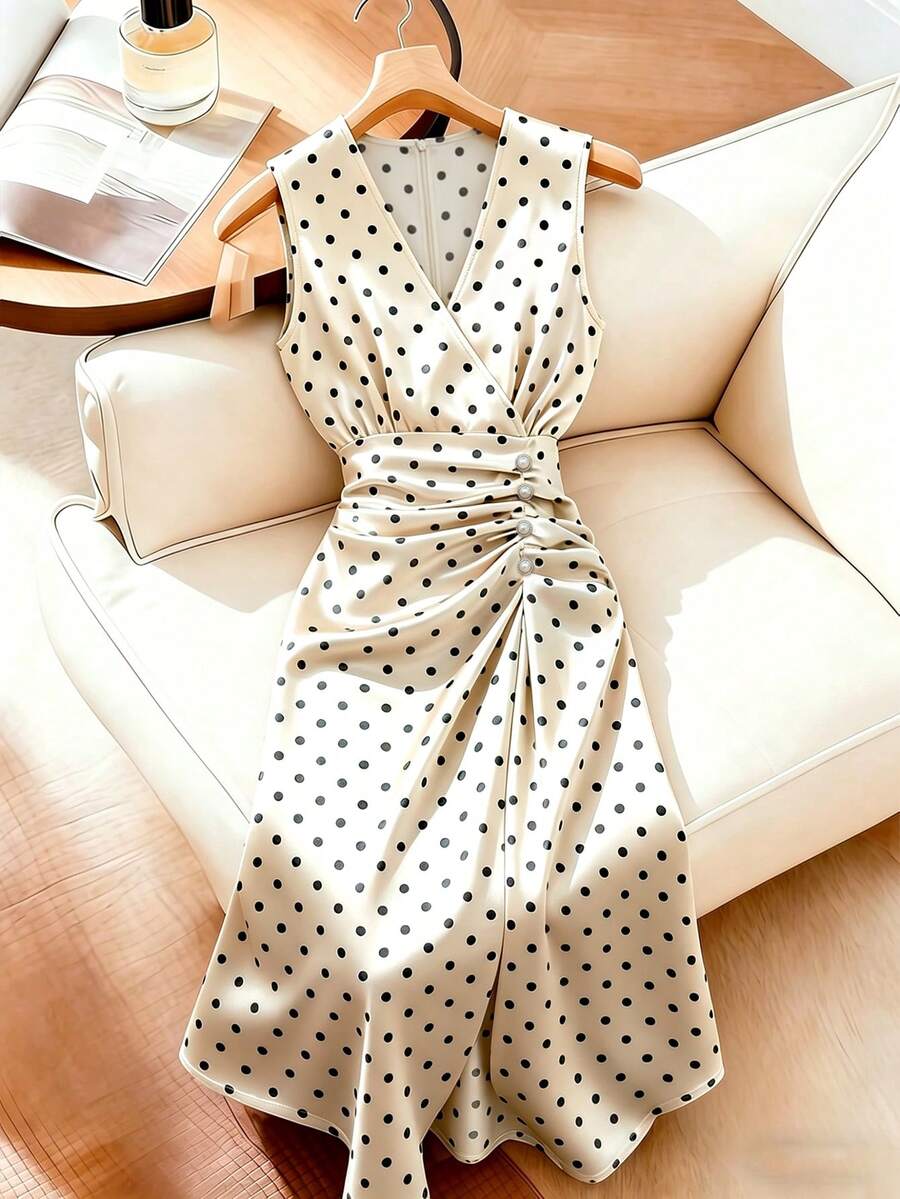 Vestido de mujer elegante con estampado de lunares, volantes y botones de perlas falsas - Albaricoque - Ver 1