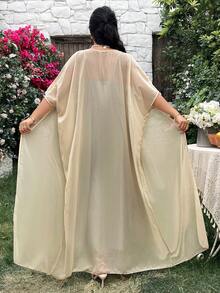Modelyn Plus Size Women's Jacquard Tube Dress & Sheer Chiffon 3/4 Sleeve Fitted Elegant Long Thin Cardigan 2-Piece Set - Mint Green - View 2