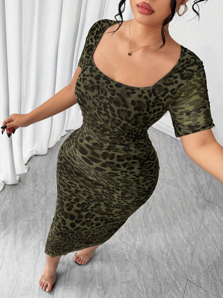 Velvienne Plus Size Leopard Print Short Sleeve Bodycon Dress, Waist Cinching, Slimming, Daily Wear, Spring/Summer Birthday Date Night Evening Party Dark Green - Green - View 1