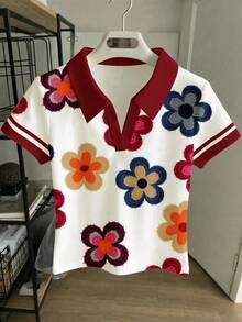 少女压花T恤，波西米亚风野花植物图案T恤，休闲印花短袖上衣，夏季，可爱 - 彩色 - 查看 6