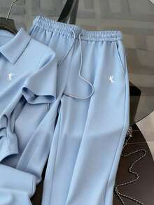 Franclia Embroidered Minimalist Women's Polo Collar T-Shirt + Pants Set, Gift For Friends - Baby Blue - View 4