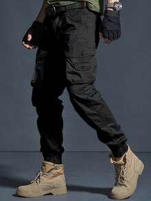 OTTIMOZO Men Plain Button Front Pocket Simple Design Casual Cargo Pants, Daily Wear, Fall - Black - View 4